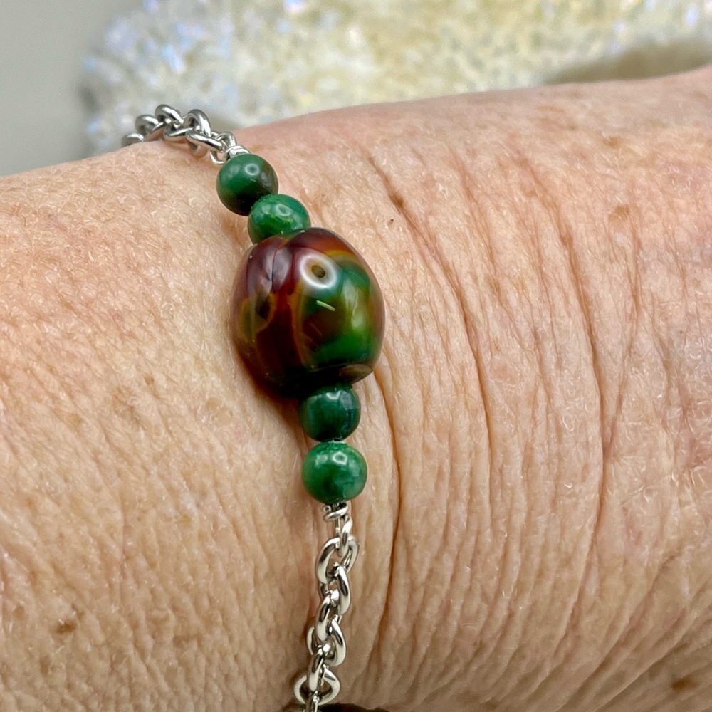Elegant Silver Green Jade and Rust Marbled Beaded Bracelet -Unique Artisan Gift - Picture 2 of 5